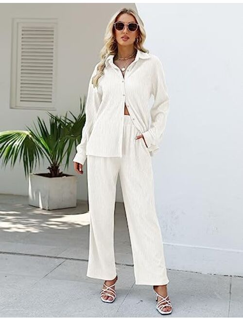 HAOGUIMI Women Pleated Y2K 2 Piece Plisse Set Casual Long Sleeve Button Down Shirt Wide Leg Pants 90s Disco Outfit for Women