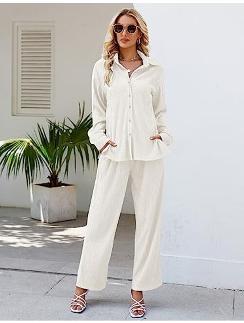 HAOGUIMI Women Pleated Y2K 2 Piece Plisse Set Casual Long Sleeve Button Down Shirt Wide Leg Pants 90s Disco Outfit for Women