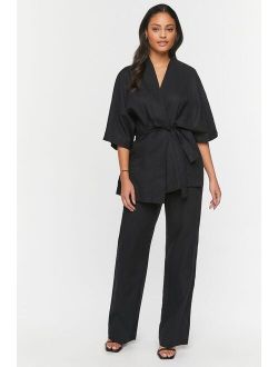 Linen Belted Kimono & Pants Set Black