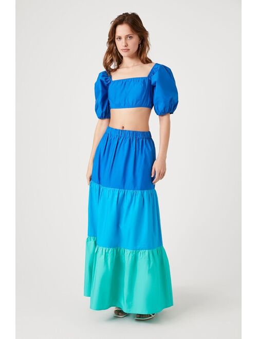Forever 21 Crop Top &amp; Tiered Maxi Skirt Set Blue/Multi