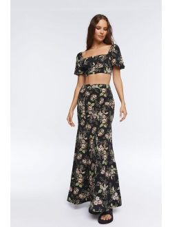 Floral Print Crop Top & Skirt Set Black/Multi