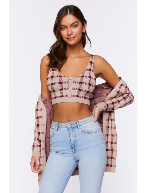 Forever 21 Plaid Cami &amp; Cardigan Sweater Set Taupe/Rust