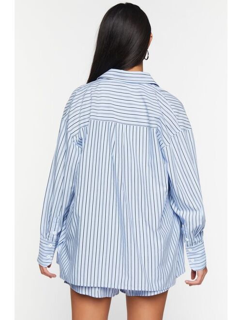 Forever 21 Striped Long Sleeve Shirt &amp; Shorts Set Light Blue/Multi