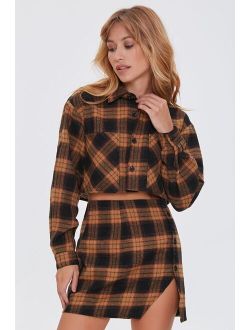 Plaid Shirt & Buttoned Skirt Set Brown/Black