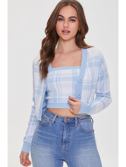 Forever 21 Plaid Crop Top &amp; Cardigan Sweater Set White/Blue