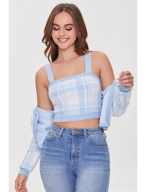 Forever 21 Plaid Crop Top &amp; Cardigan Sweater Set White/Blue