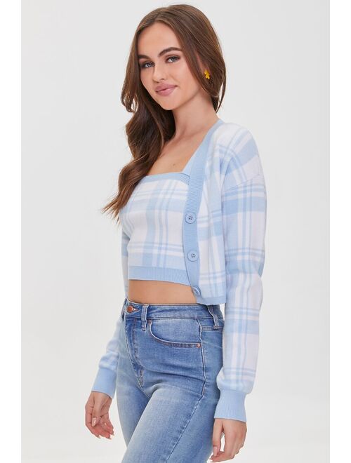 Forever 21 Plaid Crop Top &amp; Cardigan Sweater Set White/Blue