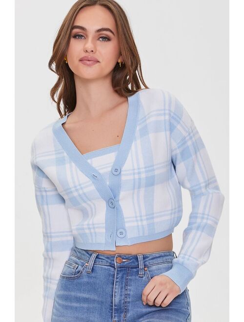 Forever 21 Plaid Crop Top &amp; Cardigan Sweater Set White/Blue
