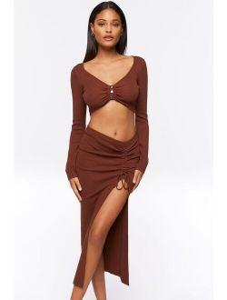 Ruched Crop Top & Leg Slit Midi Skirt Set Cocoa