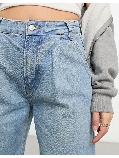 ASOS Design wide leg pleat front jean in mid blue
