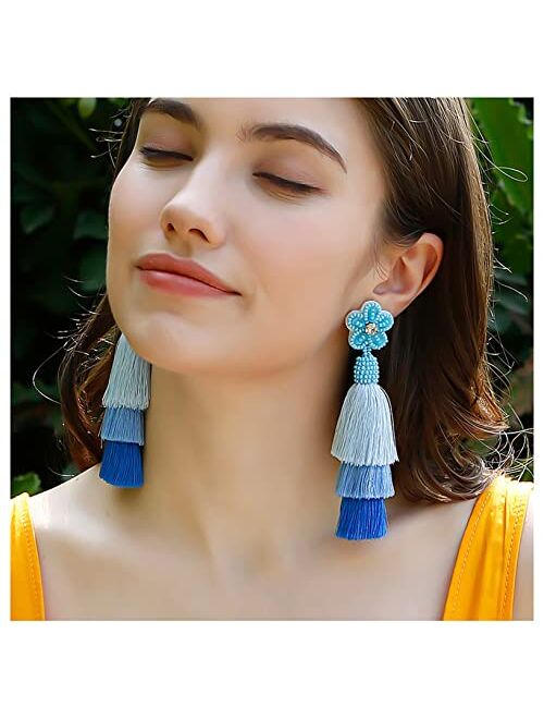 Hiixhc Fashion Tassel Dangle Earrings for Women Boho Holiday Festive Earrings Colorful Tiered tassel Earrings Bohemian Jewelry for Women Teen Girls Gift