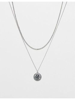 unisex 2 row necklace with rose pendant in burnished silver
