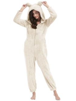 PEHMEA Onesie Pajamas for Women Fuzzy Hooded Romper Loungewear One Piece Winter Sleepwear
