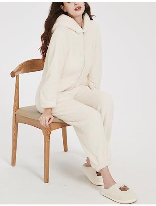 PEHMEA Onesie Pajamas for Women Fuzzy Hooded Romper Loungewear One Piece Winter Sleepwear