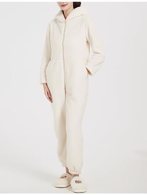 PEHMEA Onesie Pajamas for Women Fuzzy Hooded Romper Loungewear One Piece Winter Sleepwear